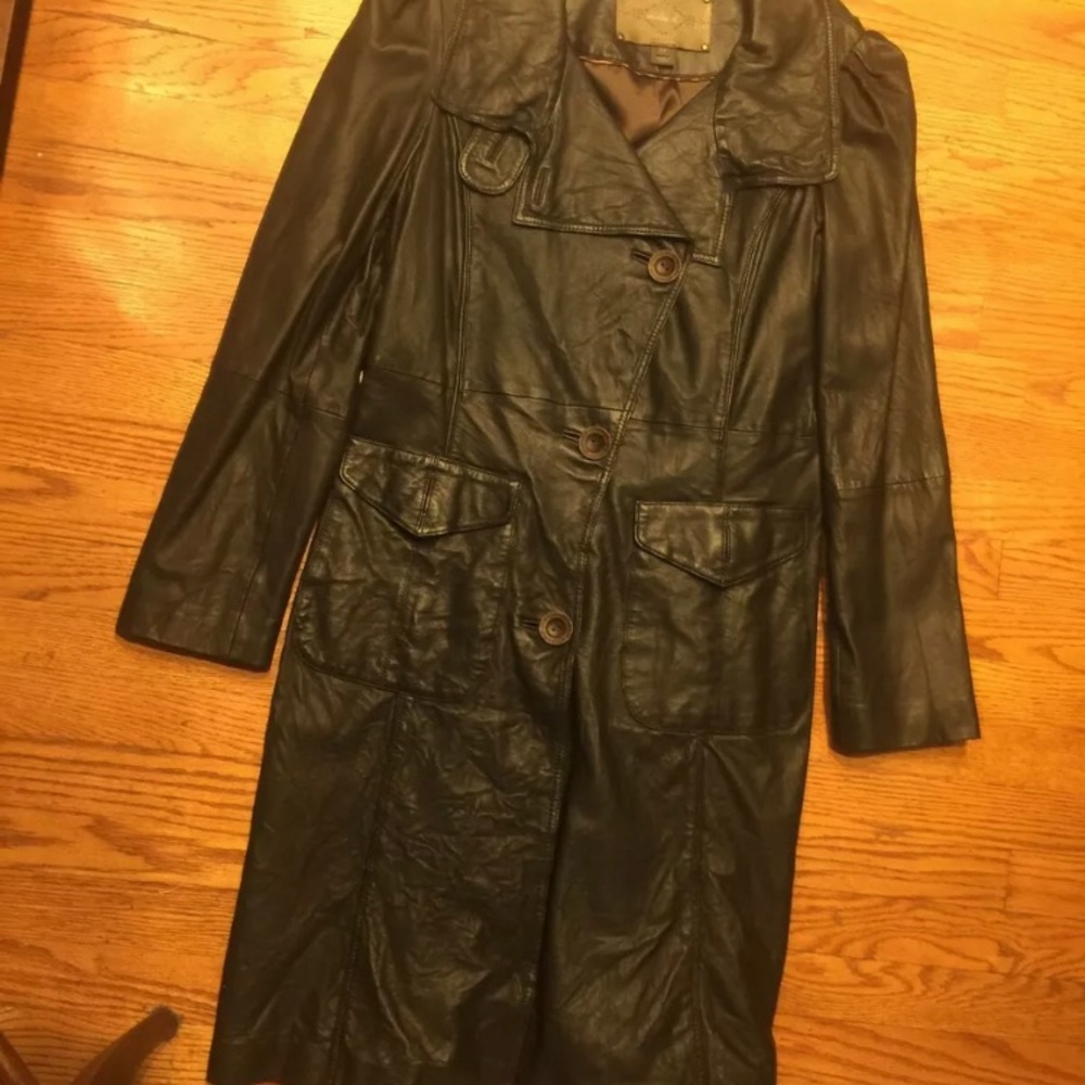 Emilie D Black Soft Lamb Leather Long Trench Coat, Like New
